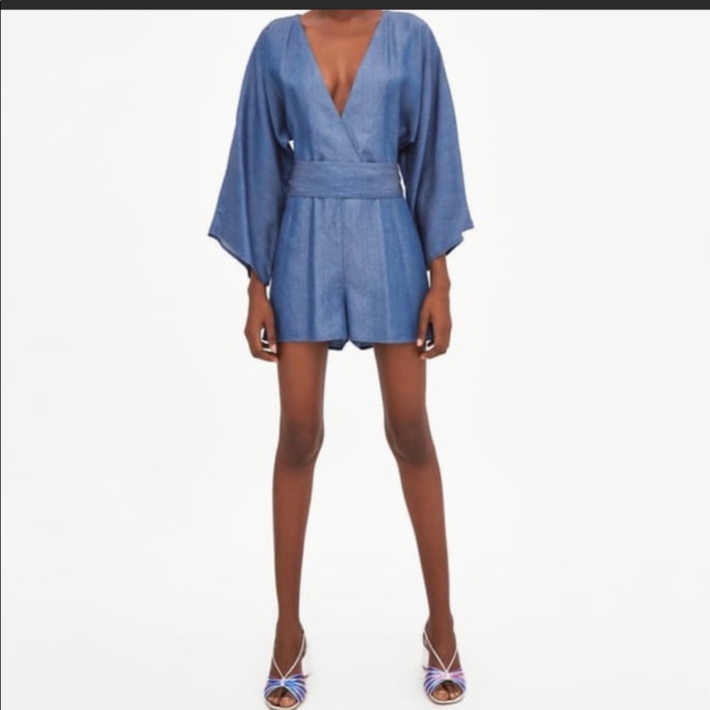 EUC ZARA Denim V Neck 3/4 Sleeve Belt Tie Romper size S!